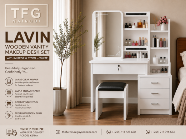 Lavin Wooden Vanity Makeup Desk Set White promotional marketing banner featuring key product features, contact numbers, and website by TFG Nairobi