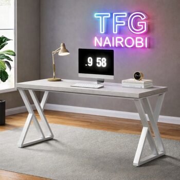 Modern STUDIO C WH400 Computer Desk white 1.2m computer desk with architectural X-frame metal legs in a luxury Muthaiga apartment home office, Nairobi.