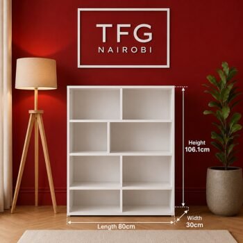 Dimension guide for TFG111-4 white mini bookshelf showing 80cm length, 30cm width and 106.1cm height in Lavington, Nairobi, Kenya
