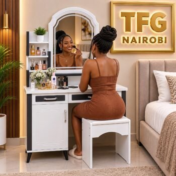 Dressing table set with mirror and stool, in use in a bedroom in Loresho, Nairobi