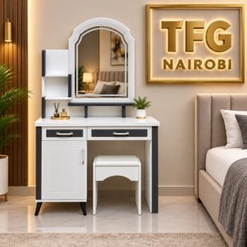 Dressing table set with mirror, storage shelf, and stool in a Loresho, Nairobi bedroom