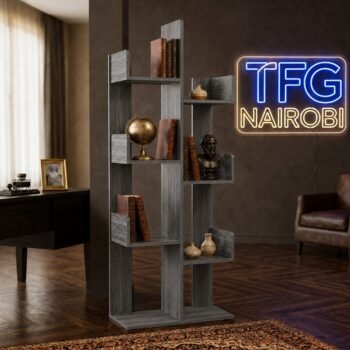 A TFG TR600-3 tree bookshelf constructed from premium MDF and styled with decor in a luxury home library on Amboseli Road.