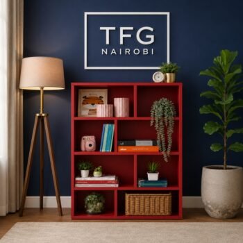 TFG111-4 Red Mini Bookshelf by The Furniture Guys Nairobi – compact red bookcase with 8 open compartments, styled in a modern living room in Nairobi, Kenya