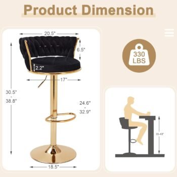 Dimension illustration of VC12B black velvet bar stool with gold base and adjustable height in Gatundu Road, Nairobi, Kenya