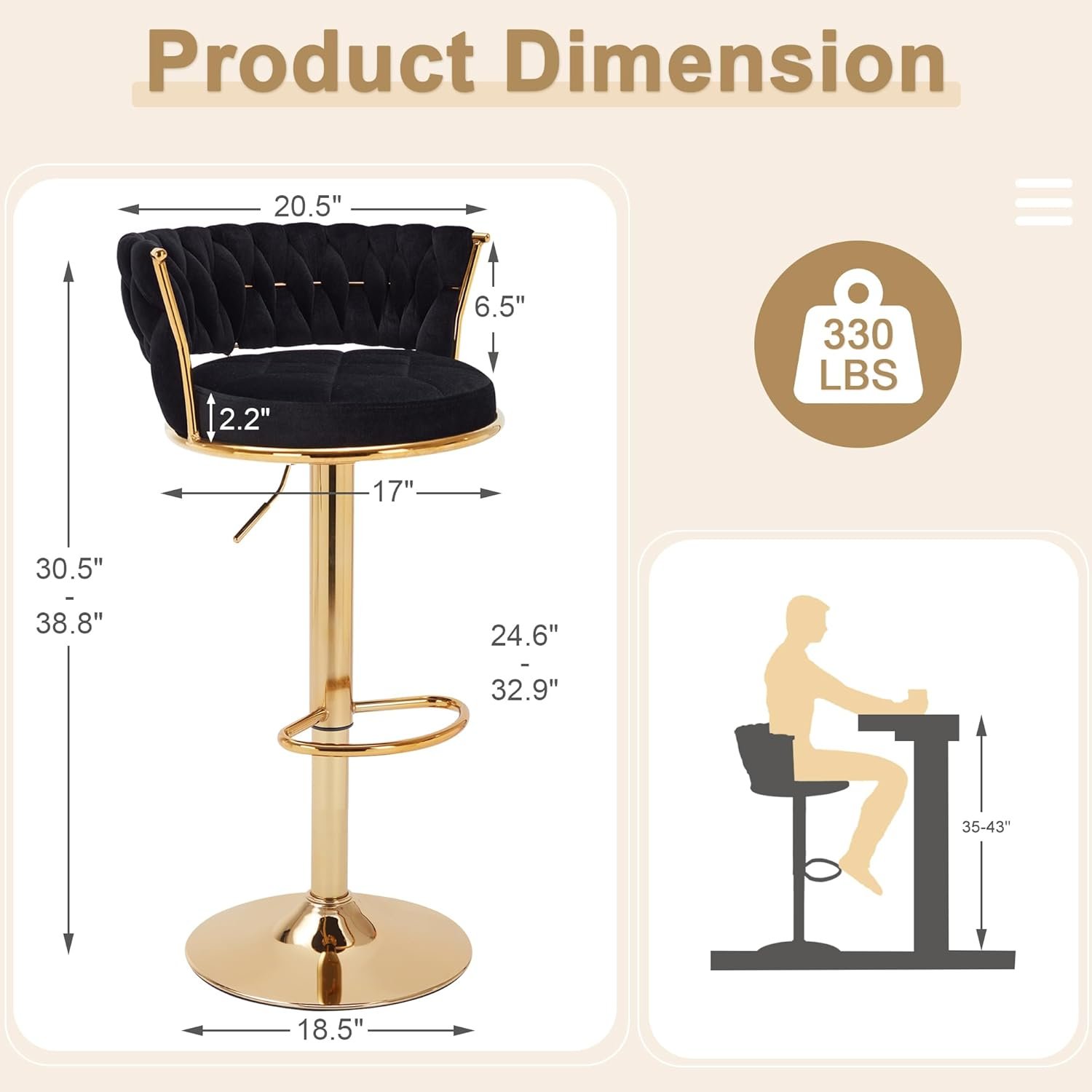 VC12B Black Velvet Bar Stool Dimensions in Gatundu Road Nairobi Dimension illustration of VC12B black velvet bar stool with gold base and adjustable height in Gatundu Road, Nairobi, Kenya