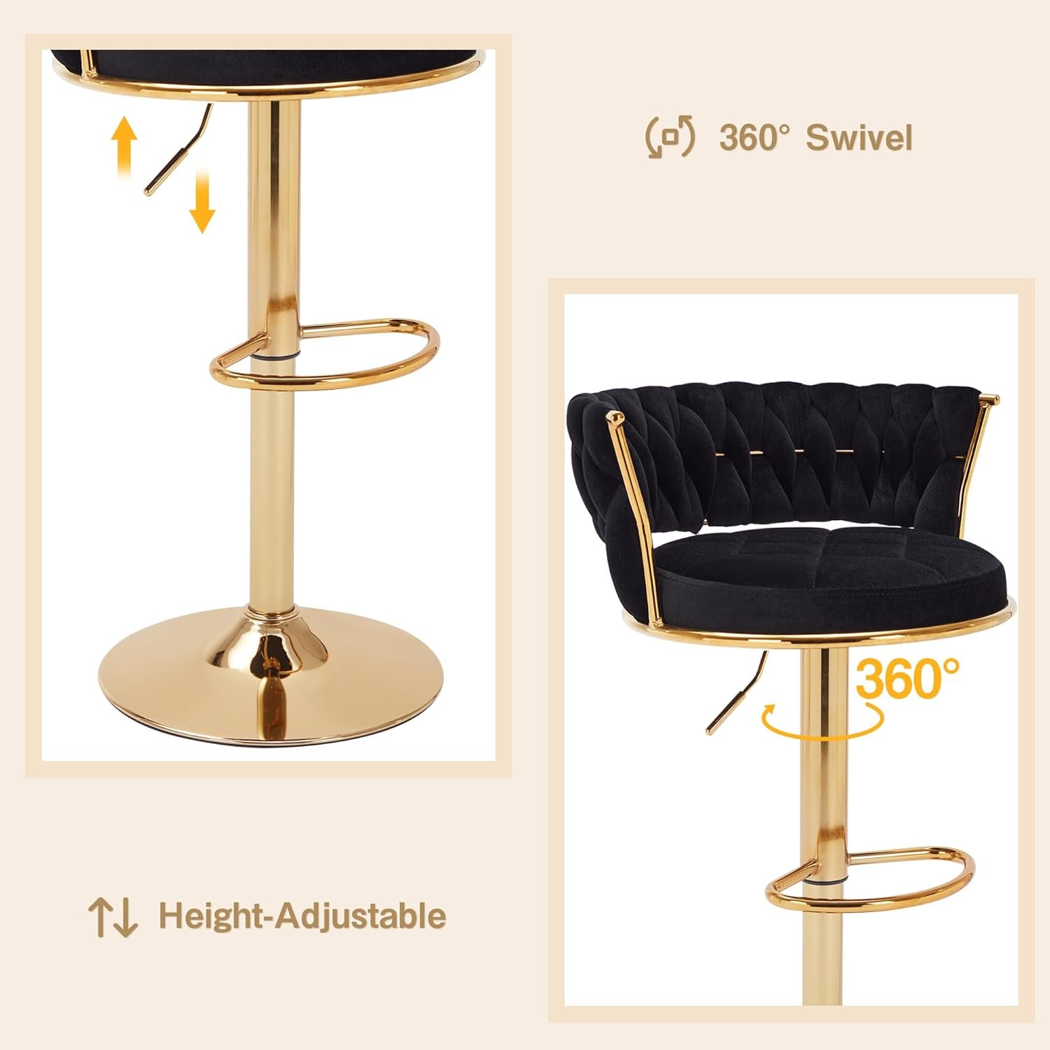 VC12B Black Velvet Bar Stool Height Adjustable 360 Swivel in Gatundu Road Nairobi VC12B black velvet bar stool with gold base showing height adjustment and 360 degree swivel in Gatundu Road, Nairobi, Kenya
