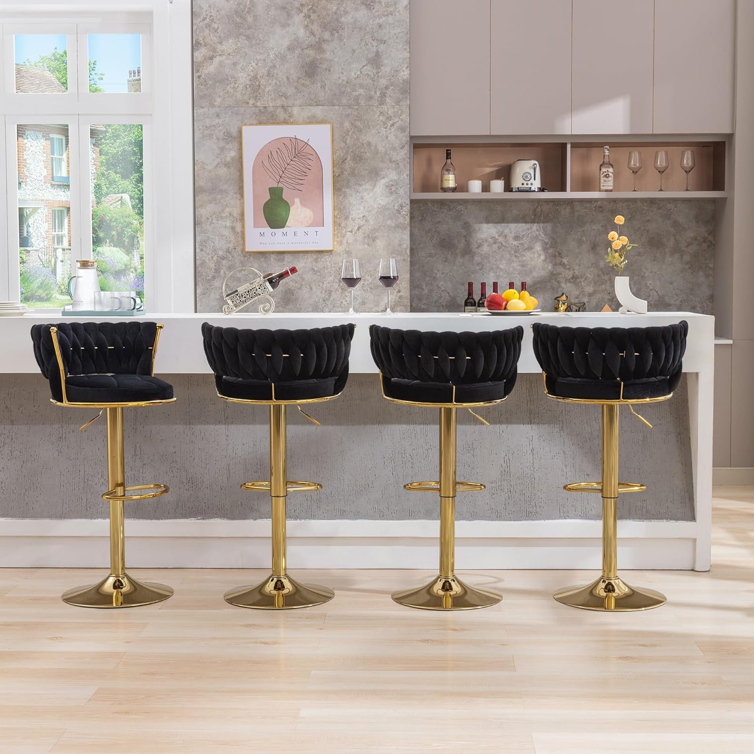 VC12B Black Velvet Bar Stool Lifestyle Shot in Gatundu Road Nairobi VC12B black velvet bar stools with gold bases styled at a modern kitchen island in Gatundu Road, Nairobi, Kenya