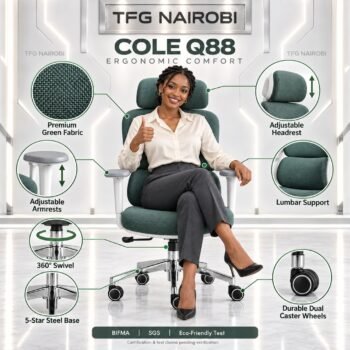 Infographic for Ergonomic High Back Office Chair Kenya COLE Q88 in gray-green fabric showing adjustable headrest, lumbar support, adjustable armrests, and 5-star steel base in Loresho Nairobi
