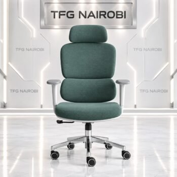 Ergonomic high back office chair Kenya – COLE Q88 gray-green fabric chair with lumbar support, adjustable headrest and white frame, Loresho, Nairobi