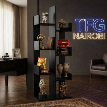 A premium matte black TFG TR600-2 tree bookshelf with modern branch-style shelves displaying collectibles in a luxury Riverside Drive apartment, Nairobi.