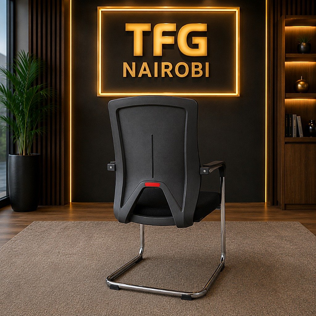 J165C Visitors Chair - Reinforced Ergonomic Backview Backview of the J165C executive visitors chair showing the ergonomic Y-frame support and breathable mesh in a luxury Westlands office.