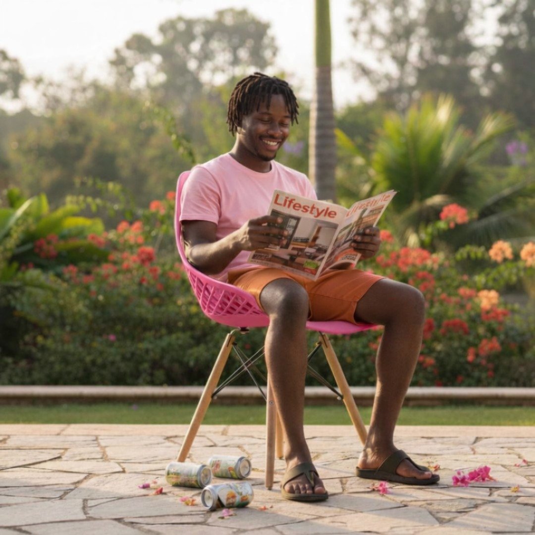 Loresho Living – Pink Eames Chair Comfort Man comfortably sitting on an essential pink EO197PK Eames style chair in Loresho.