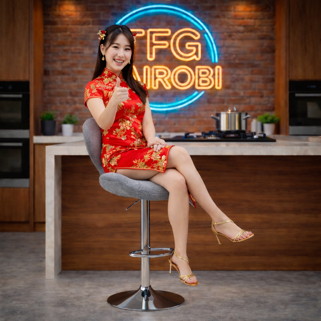 BS028 Grey Fabric Bar Stool Customer Approval – Muthaiga Series A Chinese lady giving a thumbs up while seated on a BS028 grey fabric adjustable bar stool with a chrome swivel base in a modern Muthaiga kitchen, Nairobi