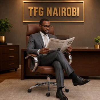 Executive sitting on A106 brown high back office chair with chrome arms and wheels in Gigiri, Nairobi, Kenya