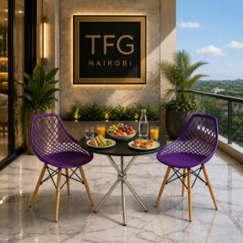 The ECBT3-3 balcony furniture set styled with a brunch spread, juice glasses, and fresh fruit on a luxury round table flanked by two purple mesh Eames chairs on an Amboseli Road patio.
