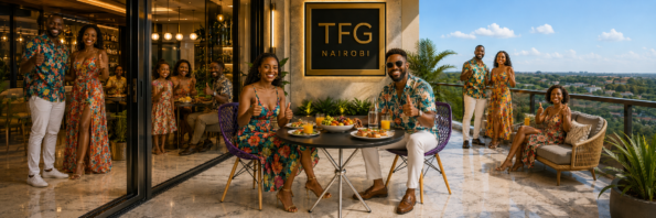 A panoramic lifestyle shot of gathered families and friends giving thumbs-up signs while enjoying a terrace dinner with the purple ECBT3-3 balcony table and chairs set on Amboseli Road.