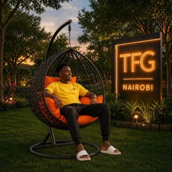 A gentleman in a yellow t-shirt relaxing in a black SERENGETI BO188 rattan swing chair with sunset orange cushions at a luxury villa garden in Westlands, Nairobi.