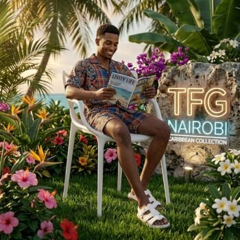 A happy male client relaxing and reading a magazine while seated on a modern NARDI BC187-W white fiberglass resin chair in a luxury tropical villa garden in Runda, Nairobi.