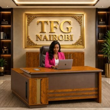 A female director in a pink blazer typing on her laptop at the JO1 1.6m executive office desk with a luxury wood finish from HOMEFELT FURNITURE under a golden TFG NAIROBI sign on Mombasa Road.