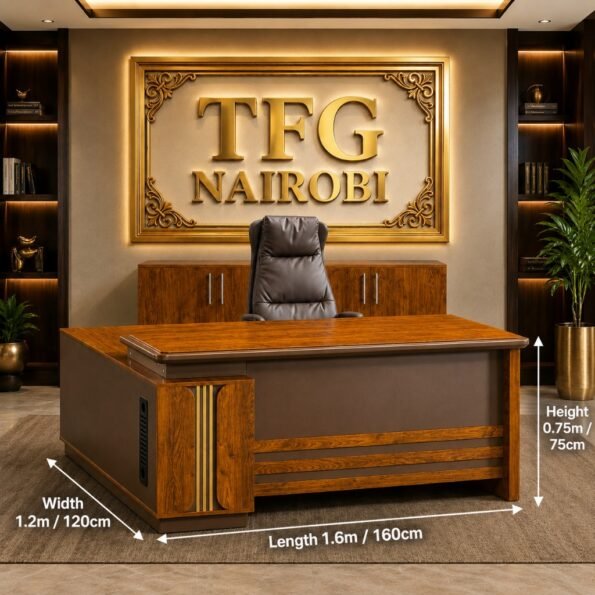 Graphic dimension diagram of the JO1 1.6m executive office desk outlining a length of 1.6m, width of 1.2m, and height of 0.75m in a luxury corporate office on Mombasa Road.