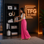 Modern TFG-B800 black 5-tier bookshelf and minimalist display unit with a warm neon TFG Nairobi sign in a luxury home office at Mimosa, Runda.