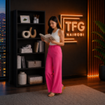 Modern TFG-B800 black 5-tier bookshelf and minimalist display unit with a warm neon TFG Nairobi sign in a luxury home office at Mimosa, Runda.