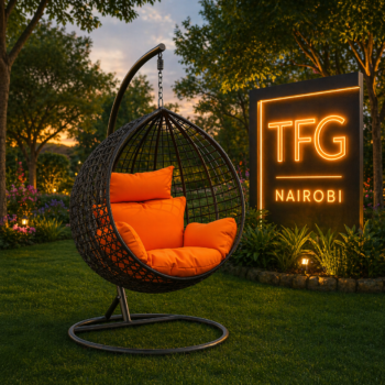 A premium SERENGETI BO188 Swing chair with vibrant orange cushions and a strong metal stand, set in a luxury garden villa in Westlands, Nairobi.