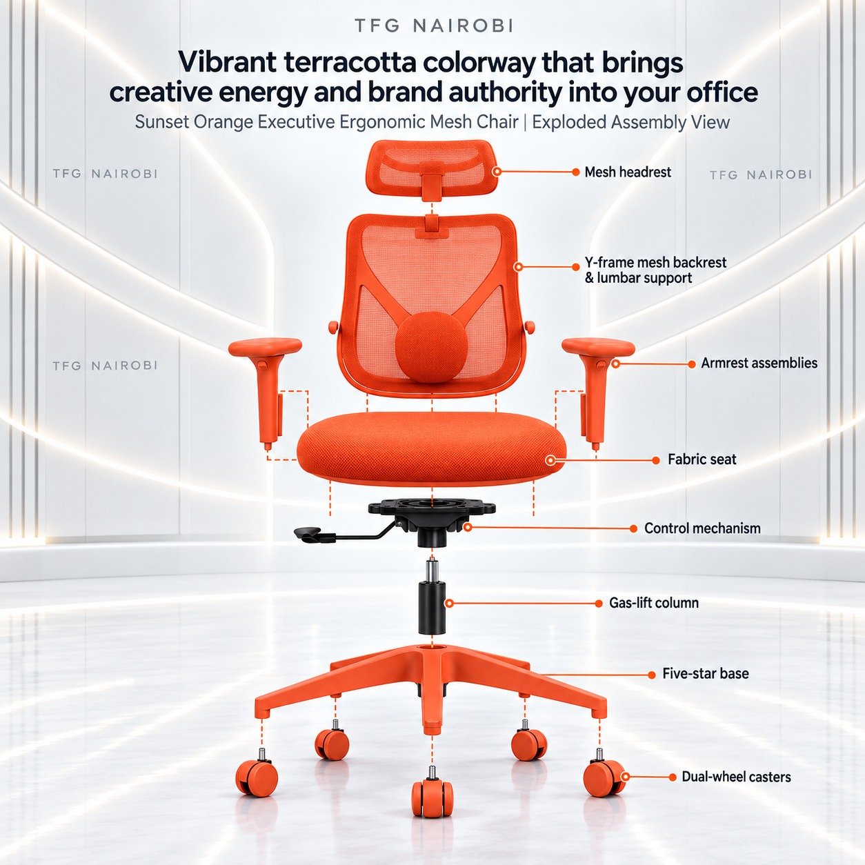 Sunset Orange Executive Ergonomic Mesh Chair Exploded Assembly View – Westlands Nairobi Sunset Orange Executive Ergonomic Mesh Chair exploded assembly view showing Y-frame lumbar backrest, mesh headrest, fabric seat, and five-star base staged by TFG Nairobi in Westlands Nairobi Kenya