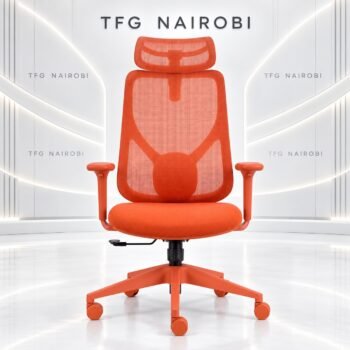 Sunset Orange Executive Ergonomic Mesh Chair front view showing color matched frame, Y-frame lumbar support, and adjustable mesh headrest staged by TFG Nairobi in Westlands Nairobi Kenya