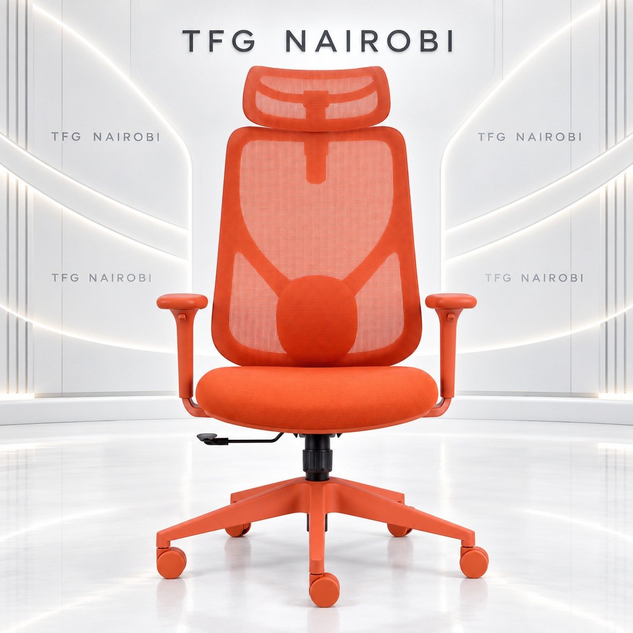 Sunset Orange Executive Ergonomic Mesh Chair Front View – Westlands Nairobi Sunset Orange Executive Ergonomic Mesh Chair front view showing color matched frame, Y-frame lumbar support, and adjustable mesh headrest staged by TFG Nairobi in Westlands Nairobi Kenya