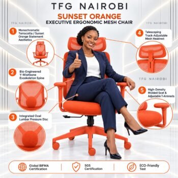 Sunset Orange Executive Ergonomic Mesh Chair infographic featuring bio-engineered Y-wishbone exoskeleton spine and integrated oval lumbar disc staged by TFG Nairobi in Westlands Nairobi Kenya
