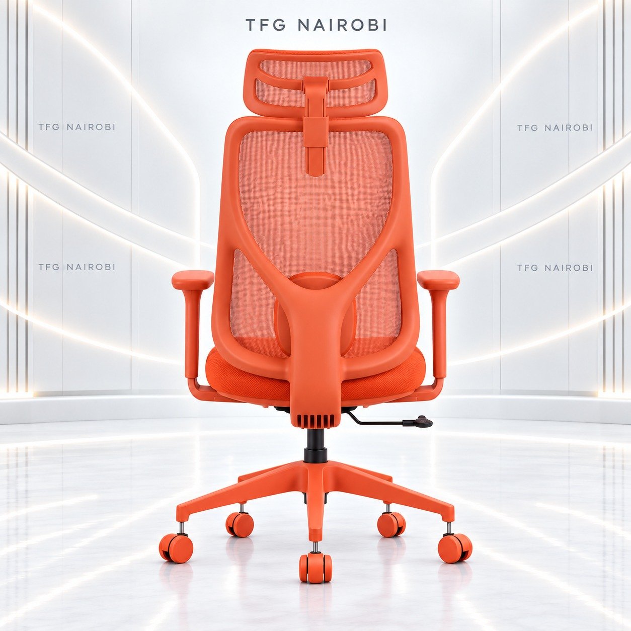 Sunset Orange Executive Ergonomic Mesh Chair Y-Frame Rear View – Westlands Nairobi Sunset Orange Executive Ergonomic Mesh Chair rear view displaying structural Y-frame lumbar support, adjustable mesh headrest, and color matched star base staged by TFG Nairobi in Westlands Nairobi Kenya