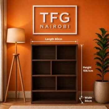TFG111-4 Dark Walnut Mini Bookshelf dimension guide showing 80cm length, 106.1cm height and 30cm width – compact brown bookshelf by The Furniture Guys Nairobi, Kenya