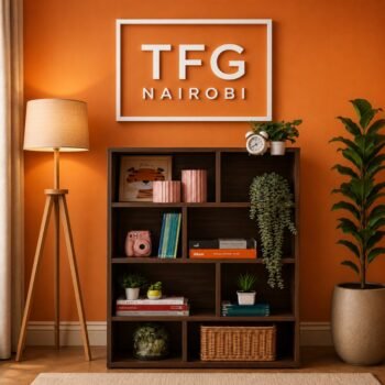 TFG111-4 D. Walnut Mini Bookshelf by The Furniture Guys Nairobi – compact brown bookshelf with 8 open compartments styled with books, plants and décor against a bold orange wall in Nairobi, Kenya