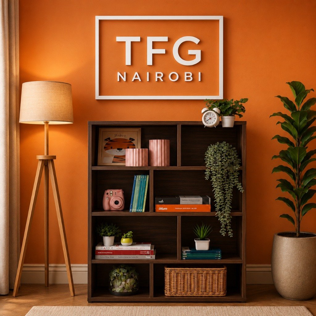 TFG111-4 Dark Walnut Mini Bookshelf – The Furniture Guys Nairobi TFG111-4 D. Walnut Mini Bookshelf by The Furniture Guys Nairobi – compact brown bookshelf with 8 open compartments styled with books, plants and décor against a bold orange wall in Nairobi, Kenya