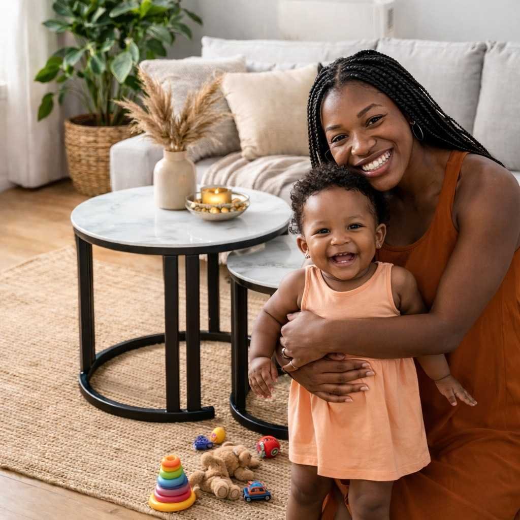 X130 Nesting Tables – Karen Residential Excellence Happy mother and child next to a set of 3 X130 white marble-finish tempered glass nesting tables in an elegant Karen home.