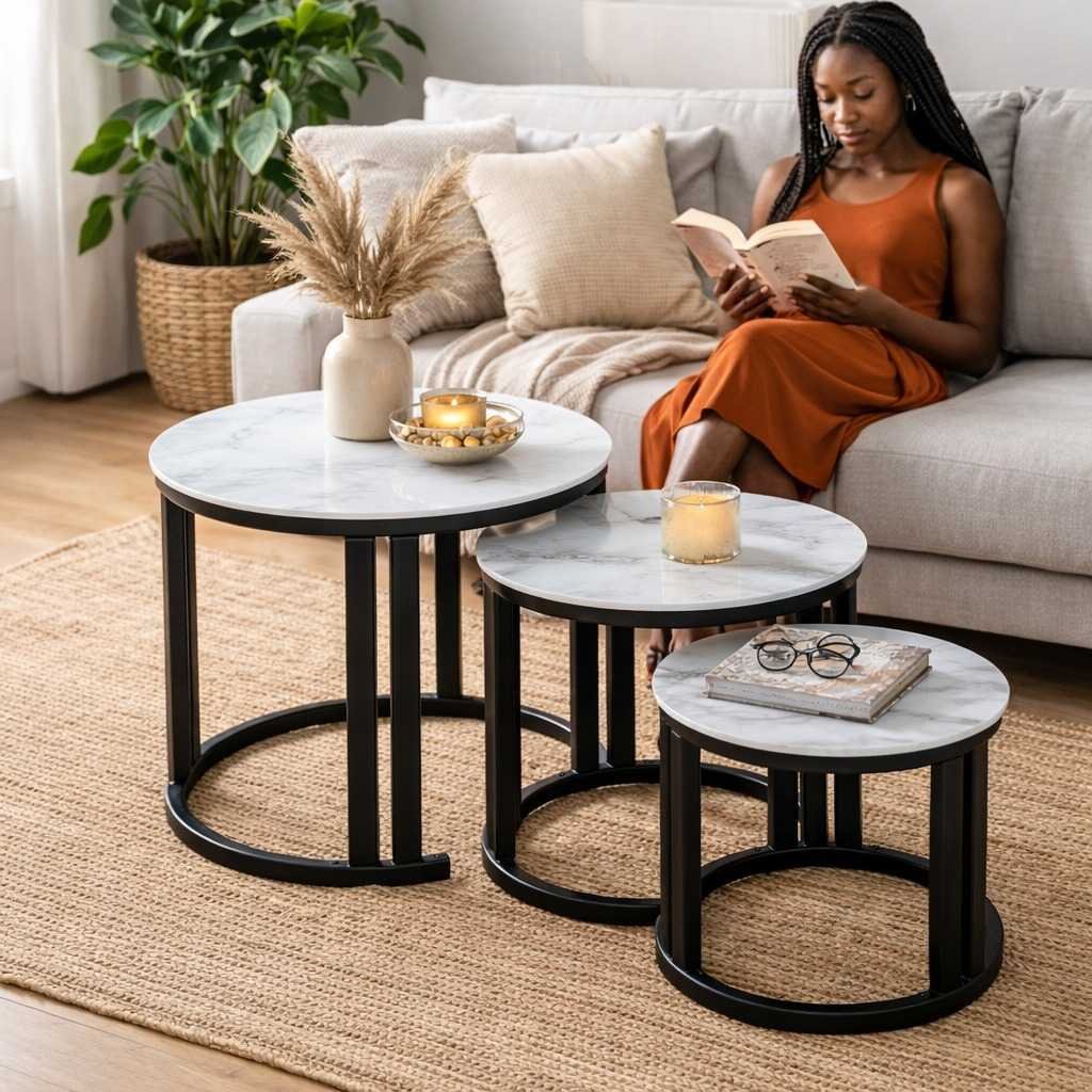 X130 Nesting Tables – Kileleshwa Residential Lifestyle Woman reading next to a set of 3 X130 white marble-finish tempered glass nesting tables in a modern Kileleshwa apartment.