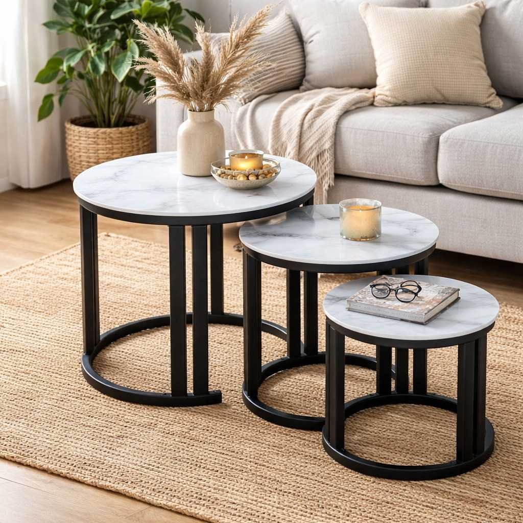 X130 Nesting Tables – Kilimani Living Room Style Set of 3 X130 white marble-finish tempered glass nesting tables with black metallic frames in a Kilimani living room.