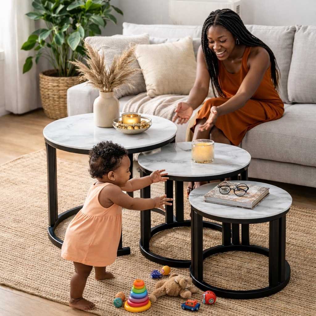 X130 Nesting Tables – Westlands Family Living Family-friendly X130 white marble-finish tempered glass nesting tables with rounded black metallic frames in a Westlands home.