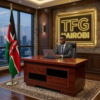 A lawyer working at a 5212 1.2M executive office desk from The Furniture Guys Nairobi in an Upper Hill office overlooking the Nairobi skyline.