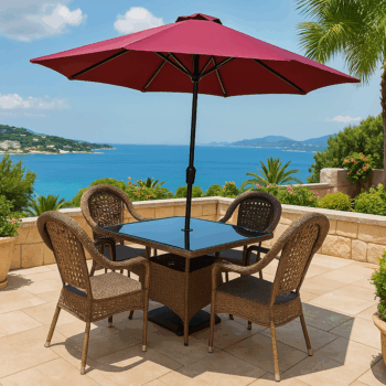 BIG JOE Patio Table + 4 Chairs + Umbrella