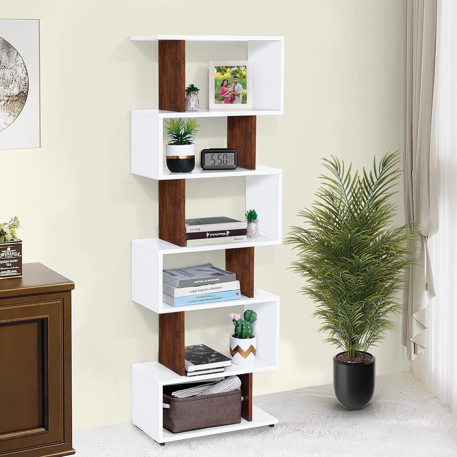 KHAN 6T S-Shaped Bookshelf (White + Natural) 001 KHAN 6T S-Shaped Bookshelf (White + Natural)