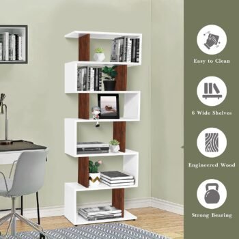 KHAN 6T S-Shaped Bookshelf (White + Natural)