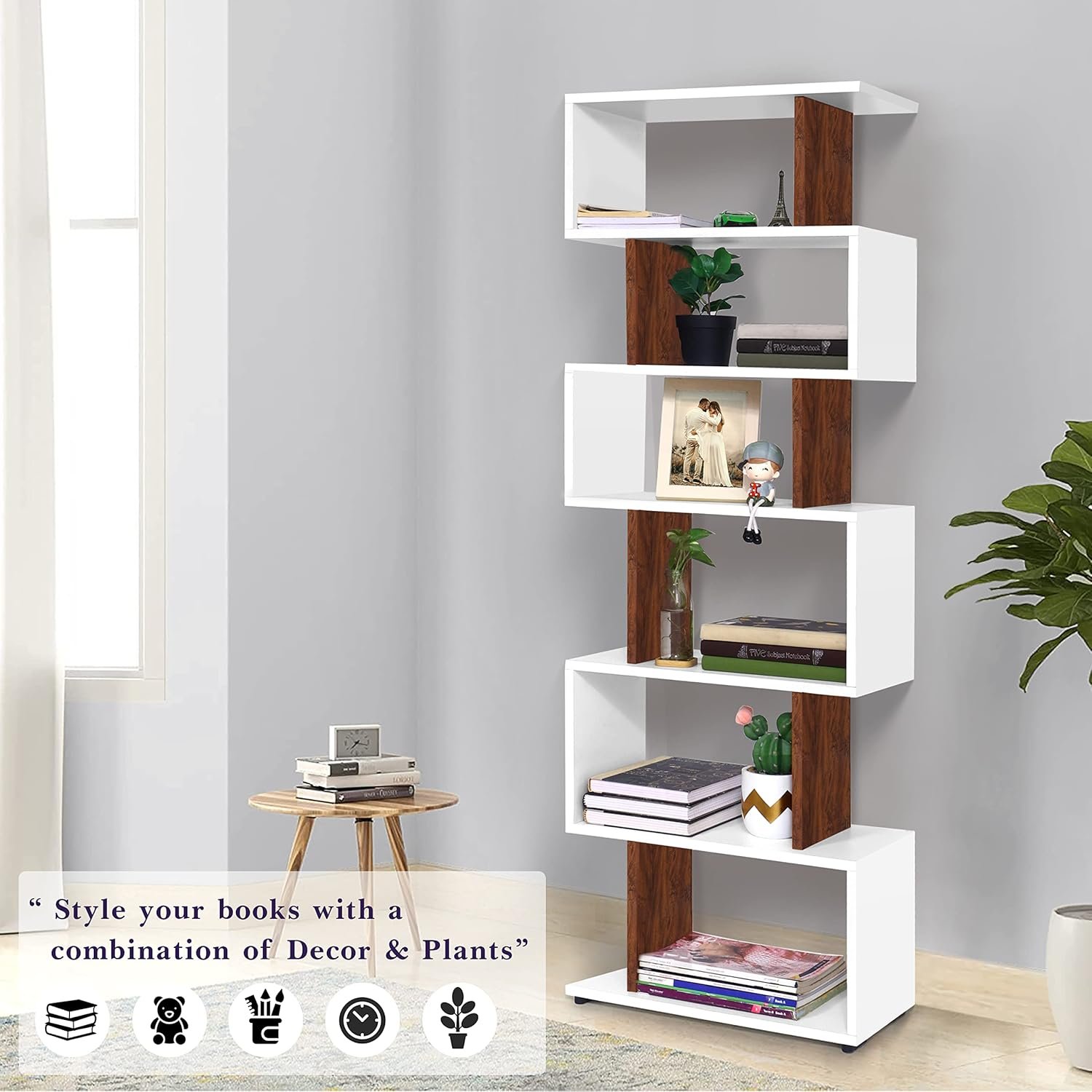 KHAN 6T S-Shaped Bookshelf (White + Natural) 004 KHAN 6T S-Shaped Bookshelf (White + Natural)