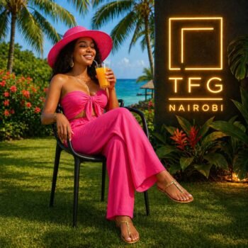 A stylish lady in a vibrant pink outfit relaxing with a cold drink on a modern NARDI BC187-B black fiberglass resin chair in a luxury garden in Kileleshwa, Nairobi.