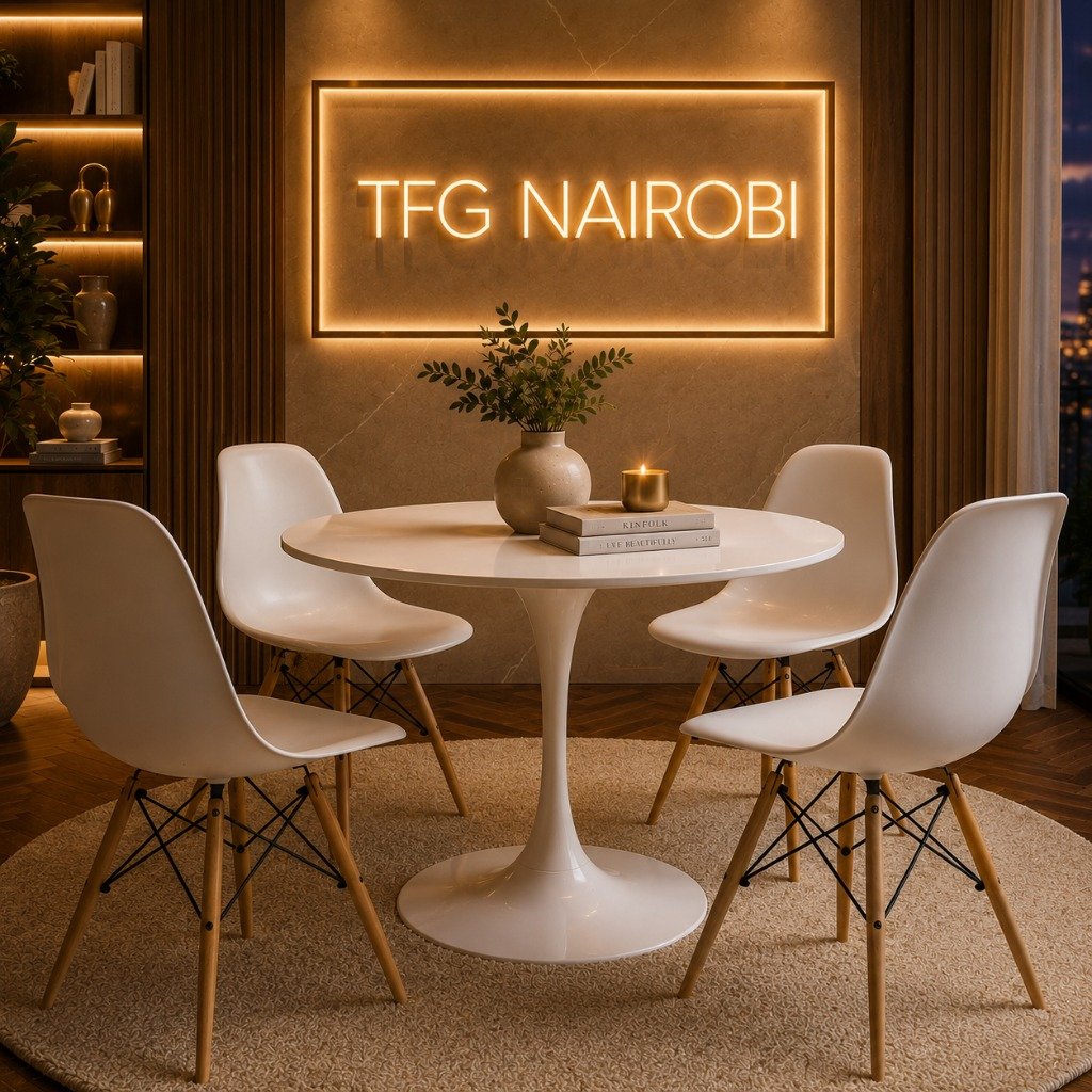 EOVC1278-1 Modern Eames Dining Table and Chairs Set - TFG Nairobi EOVC1278-1 Eames Dining Table and Chairs, 4-Seater White Eames Dining Set by TFG Nairobi installed at a residential home along Arwings Kodhek Road in Hurlingham, featuring a modern Tulip table and four molded dining chairs.