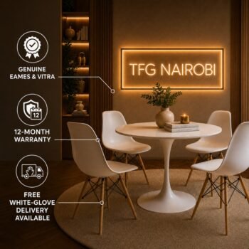 Product infographic for the EOVC1278-1 4-seater white Eames dining set by TFG Nairobi, detailing genuine Eames & Vitra design, a 12-month warranty, and free white-glove delivery available.