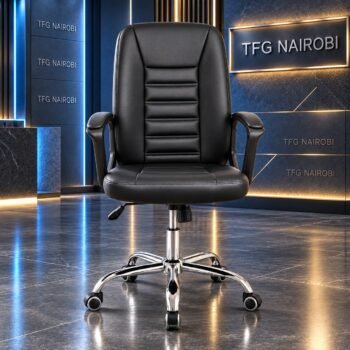 Executive leather office chair Kenya – all black chair with padded lumbar support, cushioned armrests and chrome base, Upper Hill, Nairobi