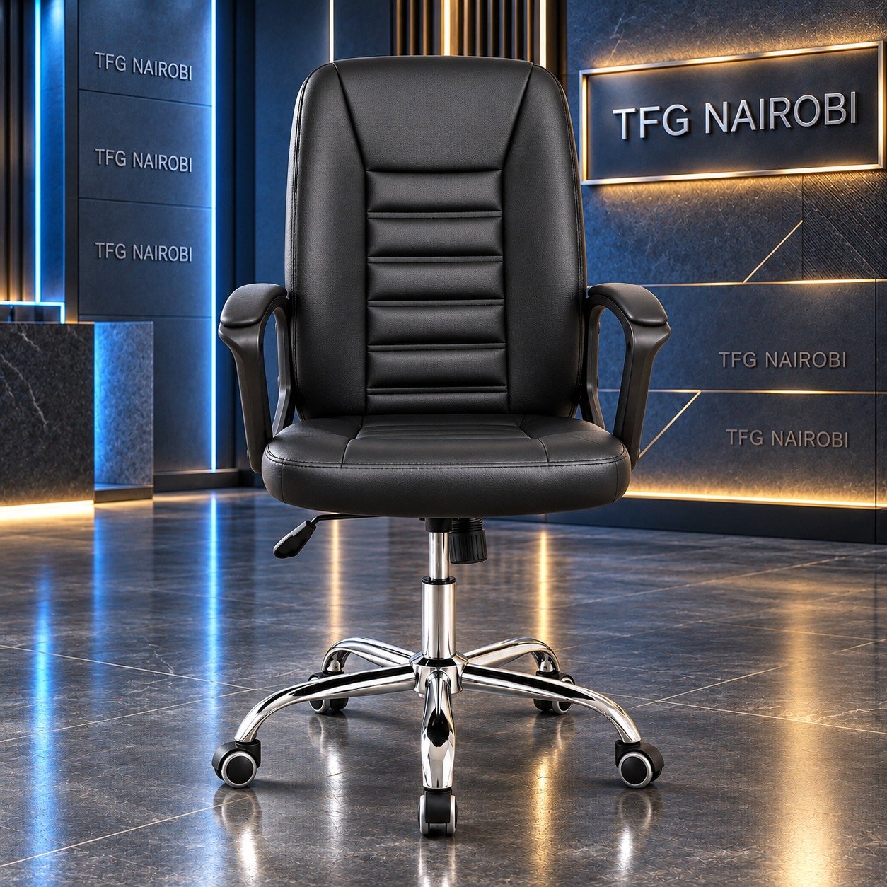 Executive Leather Office Chair Kenya – All Black Executive leather office chair Kenya – all black chair with padded lumbar support, cushioned armrests and chrome base, Upper Hill, Nairobi