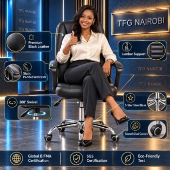 Executive leather office chair Kenya – black leather chair features infographic showing lumbar support, padded armrests, 360° swivel and steel base, Upper Hill, Nairobi